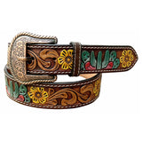 BAR H EQUINE Brown Floral Sunflower Cactus Hand Painted Genuine Leather Men & Women Belt Unisex Western