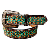 BAR H EQUINE Brown Turquoise Flower Hand Carved Fashion Premium Leather Belt Unisex Western