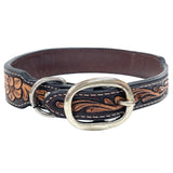 Floral Justine Beaded Hand Tooled Western leather Dog Collar Dark Brown