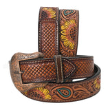 BAR H EQUINE Brown Sunflower Floral Hand Painted Genuine Leather Men & Women Belt Unisex Western - Large