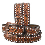 Bar H Equine Floral Leaf White Crystal Hand Carved Genuine Leather Brown Unisex Western Belt | for Men Women wit - Medium