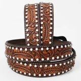 Bar H Equine Floral Leaf White Crystal Hand Carved Genuine Leather Brown Unisex Western Belt | for Men Women wit