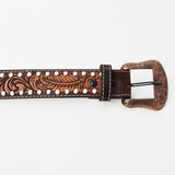 Bar H Equine Floral Leaf White Crystal Hand Carved Genuine Leather Brown Unisex Western Belt | for Men Women wit