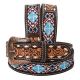 Bar H Equine Hand Tooled Genuine Leather Crafted Unisex Brown Western Belt Beaded Carving | Bead Belts for Women Men