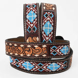 Bar H Equine Hand Tooled Genuine Leather Crafted Unisex Brown Western Belt Beaded Carving | Bead Belts for Women Men