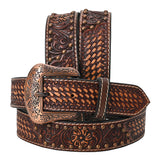 BAR H EQUINE Brown Floral Basket Hand Tooled Genuine Leather Men & Women Belt Unisex Western with Removable Buckle