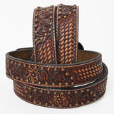 BAR H EQUINE Brown Floral Basket Hand Tooled Genuine Leather Men & Women Belt Unisex Western with Removable Buckle