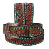 BAR H EQUINE Brown Floral Cactus Bull Hand Carved Genuine Leather Men & Women Belt Unisex Western with Removable Buckle