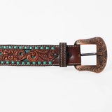 BAR H EQUINE Brown Floral Cactus Bull Hand Carved Genuine Leather Men & Women Belt Unisex Western with Removable Buckle