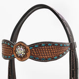 Bar H Equine Western Leather Horse Tack Set Basket Weave Carved Brown