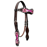 Heather Pink Floral Hand Painted Horse Western Leather Headstall Brown