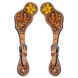 Daffodil  Floral Hand Painted Horse Western Leather Spur Strap Tan