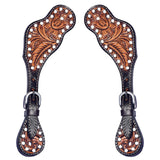 Floral Hand Carved Horse Western Leather Spur Strap Black