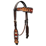 Beaded Floral Hand Carved Horse Western Leather Headstall Brown