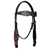 Buckstitch Turquoise Sierra Pinwheel  Hand Carved Horse Western Leather Headstall Dark Brown