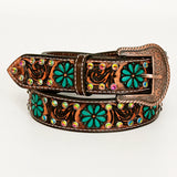 Turquoise Flower Hand Carved Western Leather Men And Women Belt Brown