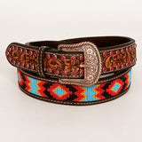 Red Crystal Beaded Floral Hand Carved Western leather Men And Women Belt Brown