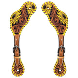 Ashton Yellow Sunflower Hand Painted Black Inlay Horse Western Leather Spur Strap Tan