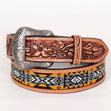 Natural Floral Beaded Designs Hand Carved Western Leather Belt Tan