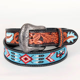 Turquoise Beaded Floral Hand Carved Western Leather Belt Antique Brown