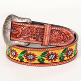 Natural Floral Beaded Hand Carved Western Leather Belt