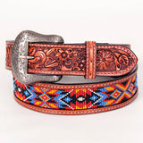 Floral Beaded Designs Hand Carved Western Leather Belt