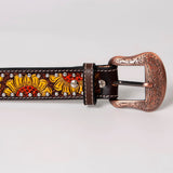 Sunflower Floral Hand Painted Western Leather Men And Women Belt Brown