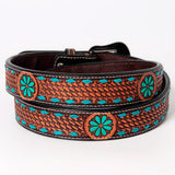 Turquoise Buckstitch Flower Basket Hand Tooled Western Leather Belt Brown