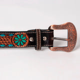 Turquoise Buckstitch Flower Basket Hand Tooled Western Leather Belt Brown