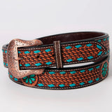 Turquoise Buckstitch Flower Basket Hand Tooled Western Leather Belt Brown