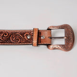 Sunflower Floral Hand Carved Western Fashion Premium Leather Men And Women Belt Brown