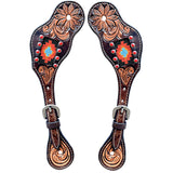 Beaded Floral Hand Tooled Horse Western Leather Spur Strap Brown