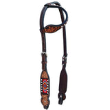 Justine Beaded Floral Hand Carved Horse Western Leather One Ear Headstall