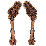 Buckstitch Floral Hand Tooled Black Inlay Horse Western Leather Spurs Strap Tan