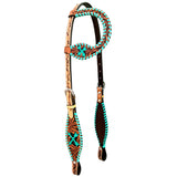 Turquoise Cross Arrow Horse  Western Leather One Ear Headstall Tan