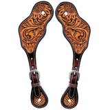 Floral Hand Tooled Horse Western Leather Spurs Strap Brown