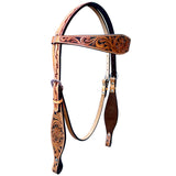 Floral Hand Carved Black Inlay Horse Western Leather Headstall Tan