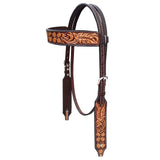 Genuine Quality Floral Hand Carved Horse Western Leather Headstall Brown