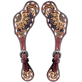 Sunflower Floral Hand Carved Horse Western Leather Spur straps Brown
