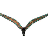 Turquoise Signet Marigold Floral Hand Carved And Painted Horse Western Leather Breast Collar  Dark Brown